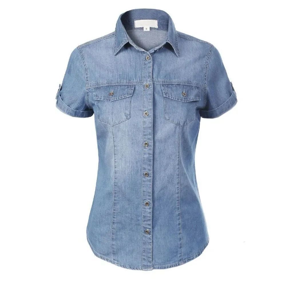 Design by Olivia Women's Cap Sleeve Button Down Denim Chambray Shirt NEEW NWt